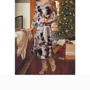 Soft Surroundings Grey Floral Long-Sleeve Midi Dress with Multicolor Print